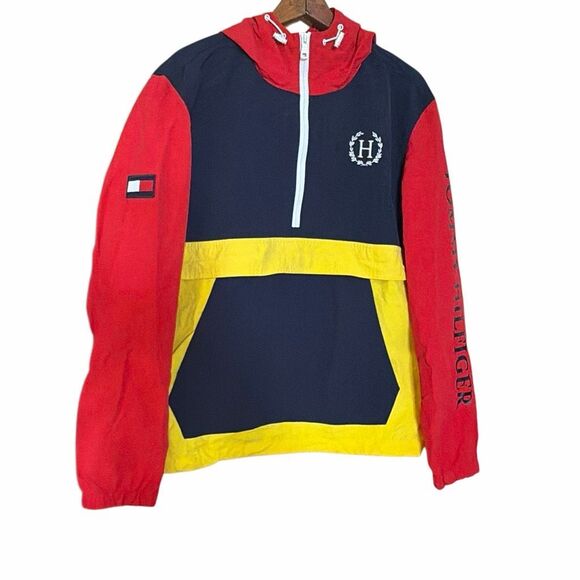 Tommy Hilfiger Colorblock Half-Zip Hooded Windbreaker Jacket Multicolor Large - Picture 2 of 12